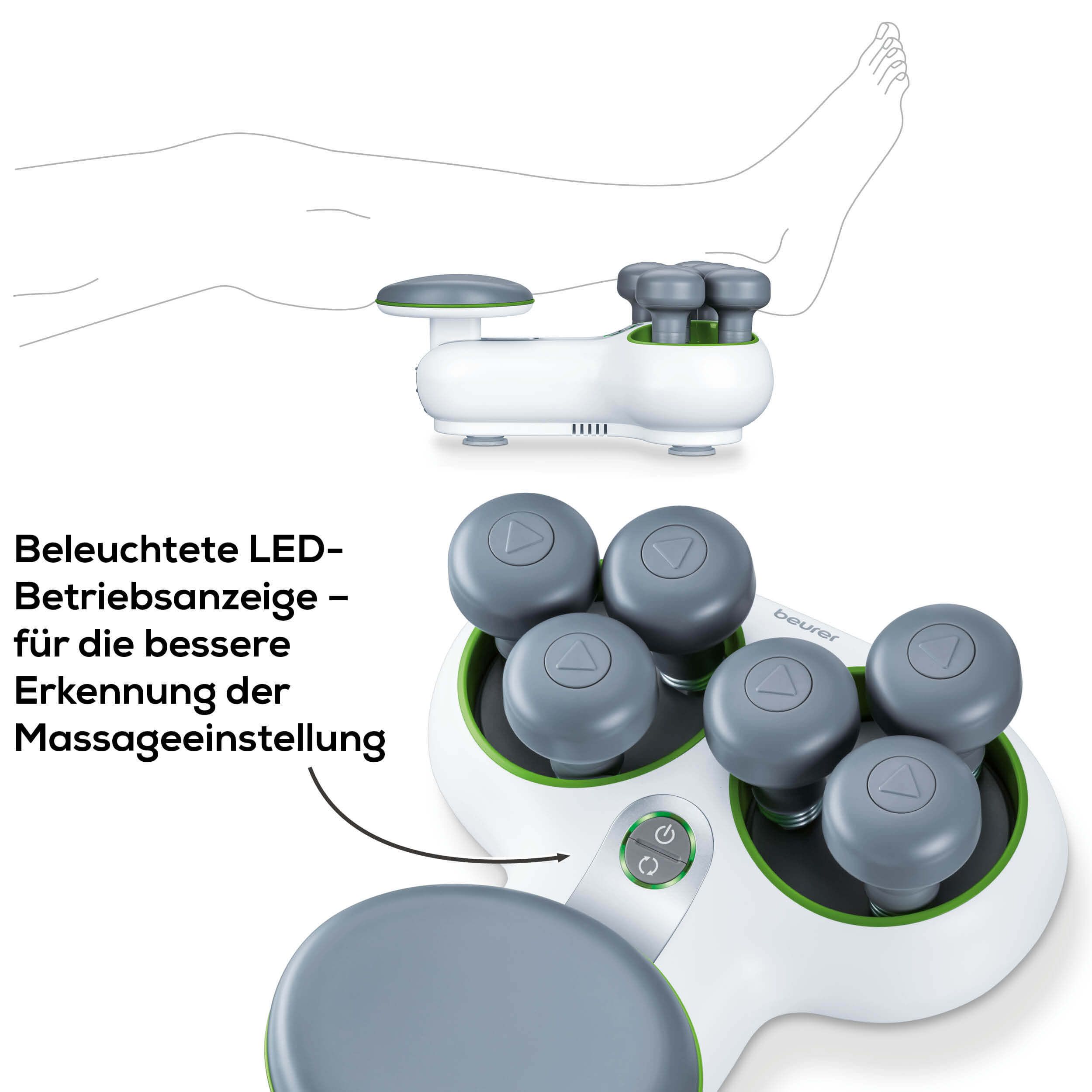Weißes Massagegerät mit 6 Massageköpfen. Beleuchtete LED-Betriebsanzeige.
