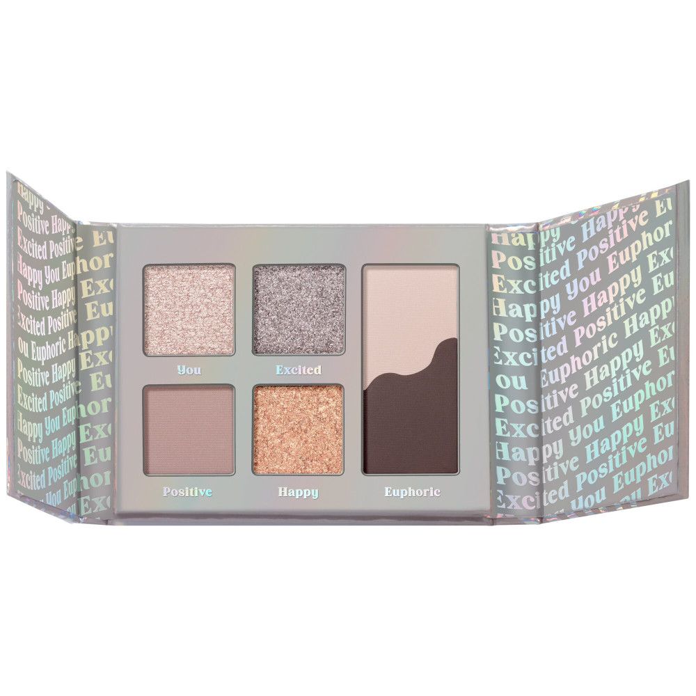 Lidschatten-Palette mit sechs Farbtönen. Die Palette ist in einer geöffneten Verpackung zu sehen. Auf der Verpackung steht "Positive Happy Euphoric".
