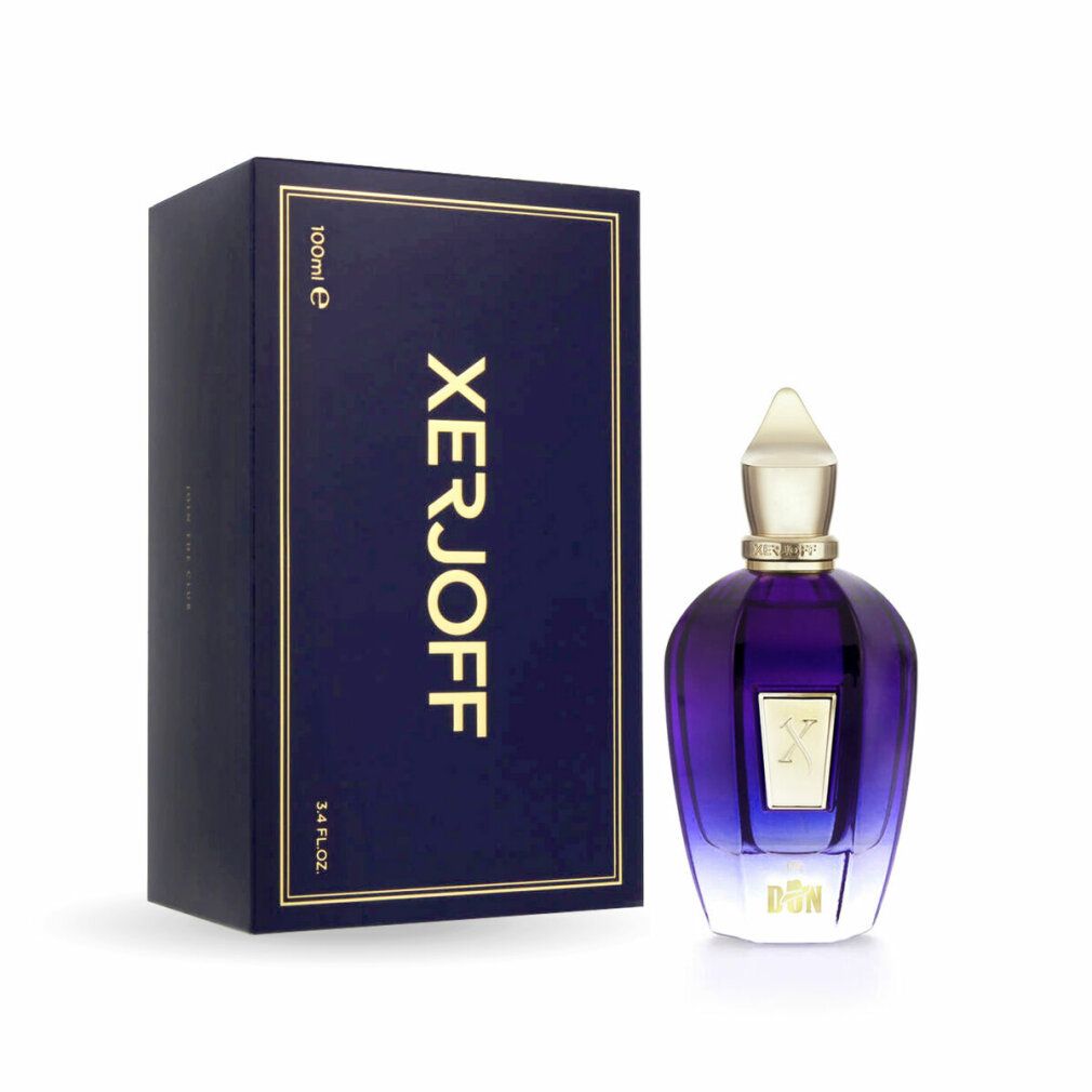 Parfumflasche mit blauer Farbverlauf und goldener Kappe neben einer blauen Schachtel mit goldener Schrift.
