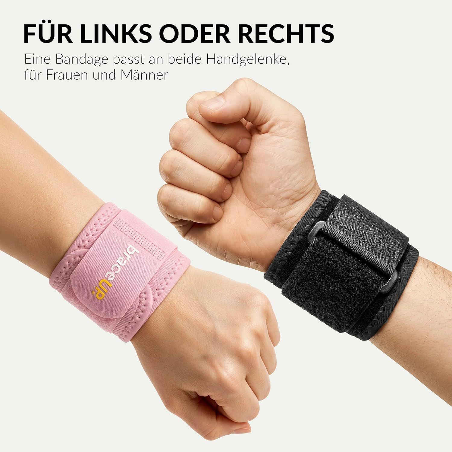 Handgelenkbandage mit Schnürung und Klettverschluss, am Handgelenk getragen.