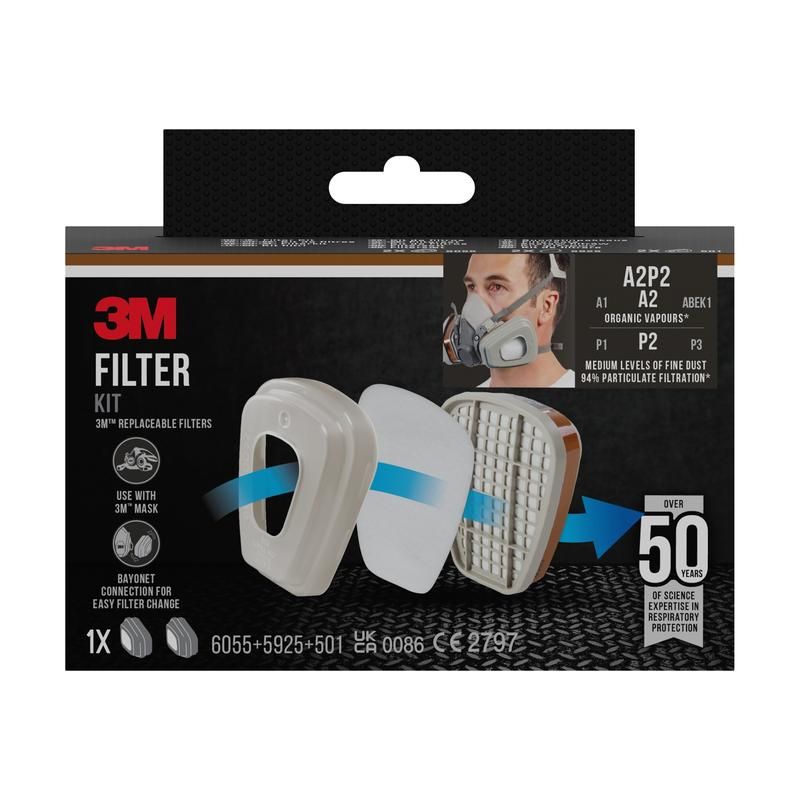 3M Filter Kit. Verpackung mit drei Filtern. Aufdrucke: A2P2, A2, ABEK1, P1, P2, P3. Bayonett-Anschluss. 1X.