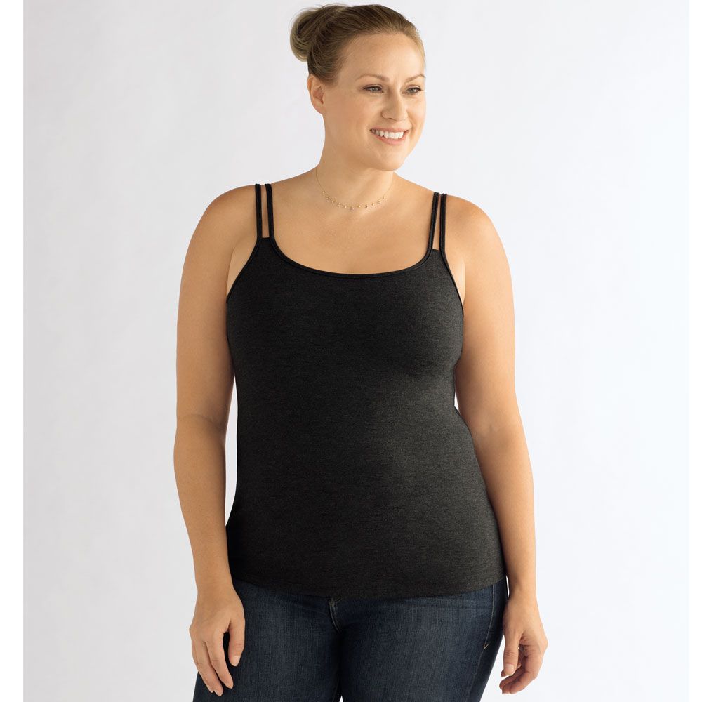 Dunkelgraues Camisole mit schmalen Trägern, vorne und seitlich von einer Frau getragen.