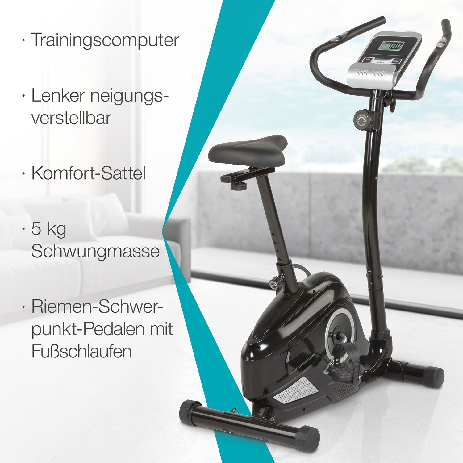 Schwarzer Heimtrainer mit tiefem Einstieg. Lenker, Sattel und Pedale. Trainingscomputer mit Anzeige. 5 kg Schwungmasse.