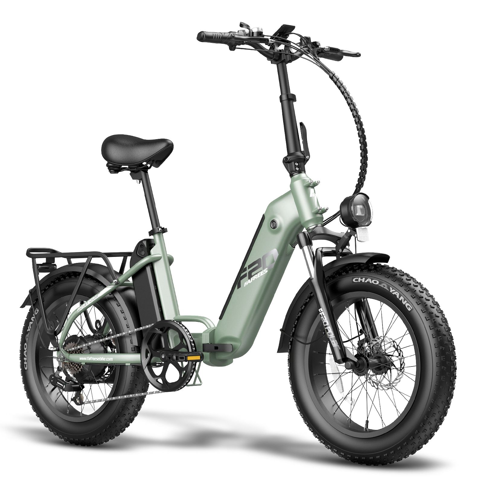 Hellgrünes, zusammenklappbares E-Bike. Schwarze Reifen, Sattel und Gepäckträger. Frontscheinwerfer und Akku.