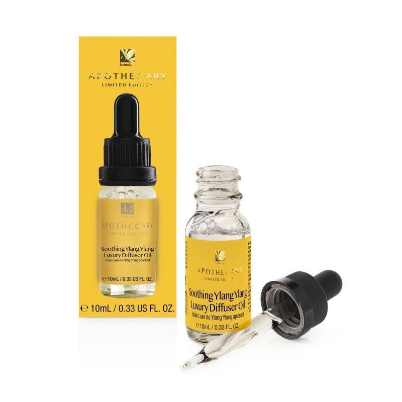 Ölflasche mit Pipette und Karton. Gelbes Etikett mit Text. Apothecary Limited Edition.