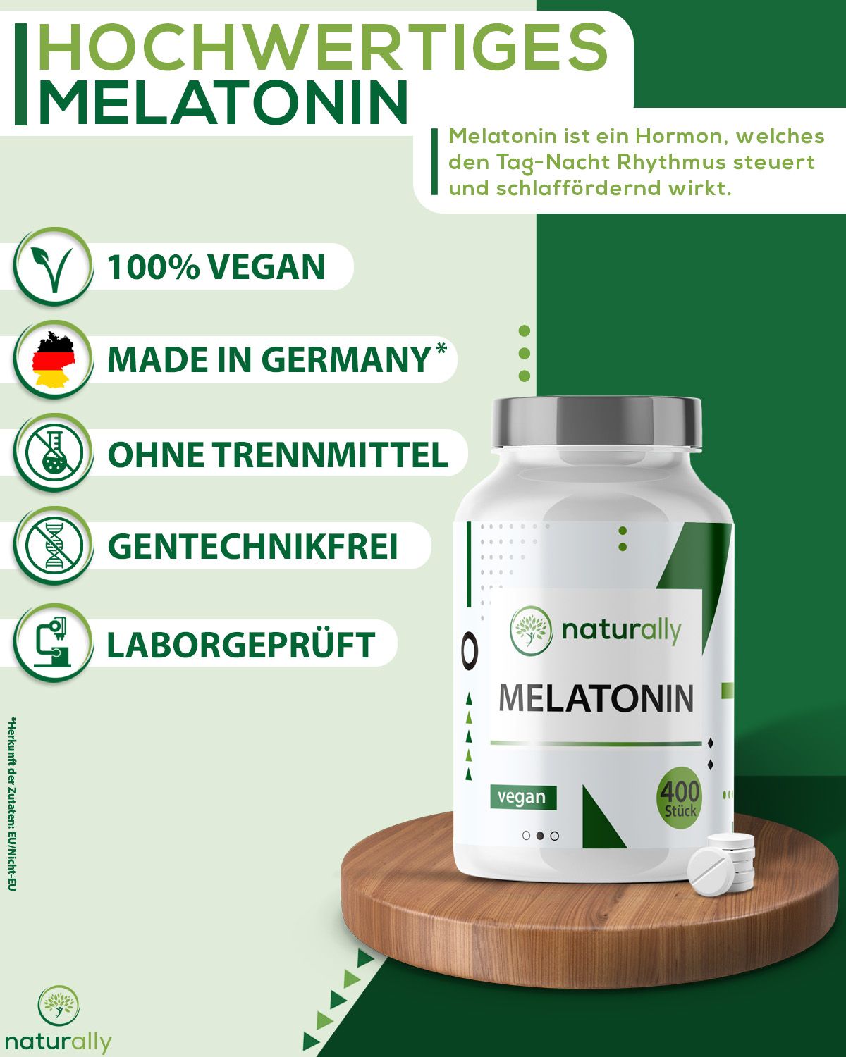 Produktflasche "naturally Melatonin" auf Holzsockel. Text: 100% vegan, Made in Germany, ohne Trennmittel, gentechnikfrei, laborgeprüft. Tabletten.