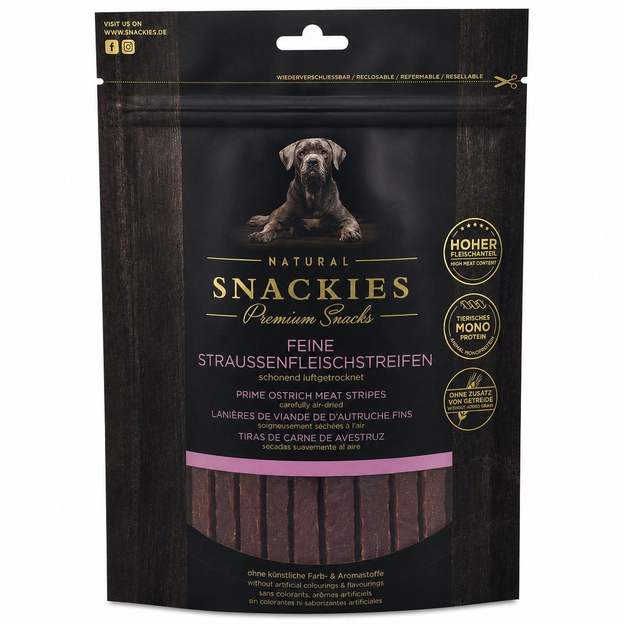 SNACKIES Feine Straussenfleischstreifen - Single-Protein Snack für Hunde