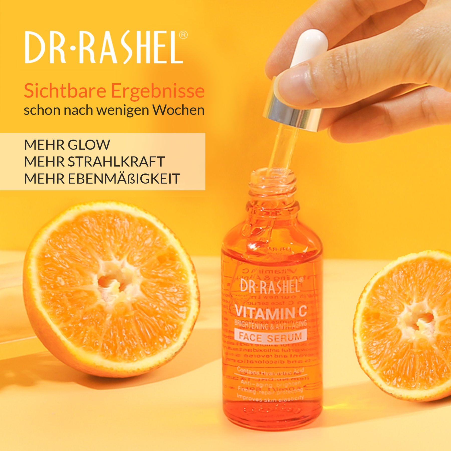 Serumflasche mit Pipette. Text: Vitamin C, Brightening & Anti-Aging. Mit Orangen-Illustrationen. Text: Mehr Glow, mehr Strahlkraft.