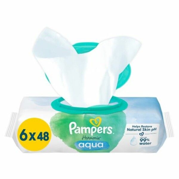 Packung Feuchttücher mit 6x48 Tüchern. Marke Pampers Harmonie Aqua. Mit 99% Wasser. Hilft, den natürlichen pH-Wert der Haut wiederherzustellen.