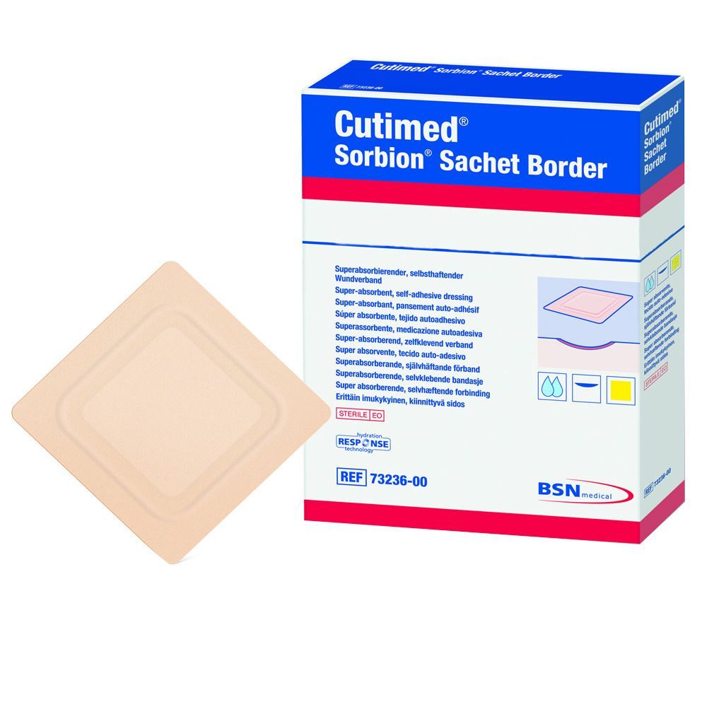 Verband Cutimed Sorbion Sachet Border. Quadratisch, beige. Verpackung mit Produktnamen und Logo.