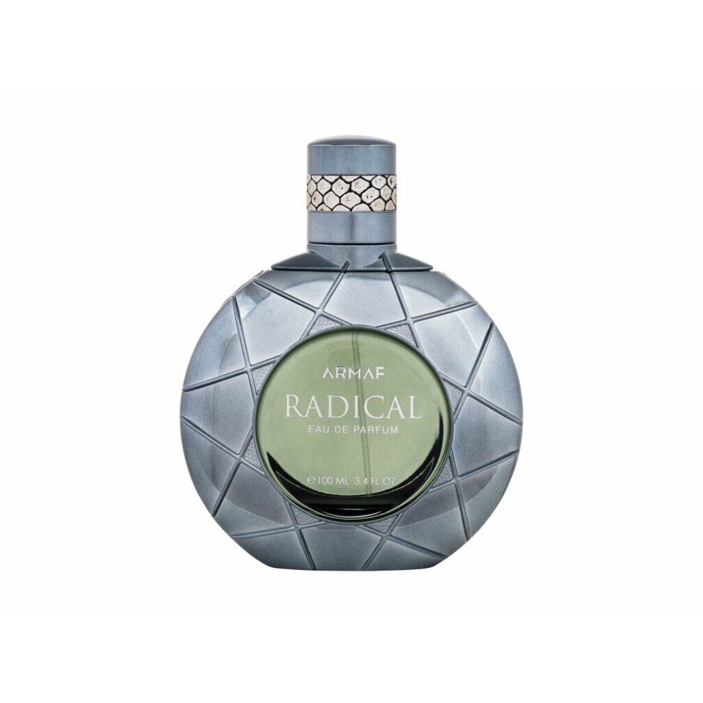 Graue, runde Flasche mit geometrischem Design. Aufschrift: Armaf Radical Eau de Parfum.