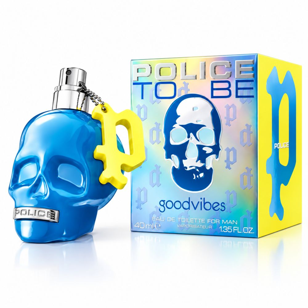 Police To Be Good Vibes Eau de Toilette for Man 40ml in blauem Totenkopf-Flakon mit gelbem Anhänger und passender Box.