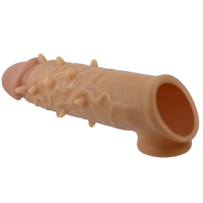 Penishülle mit Noppen und Hodensackring. Hautfarbenes Silikon. Geformt für den Penis. Zwei Öffnungen.