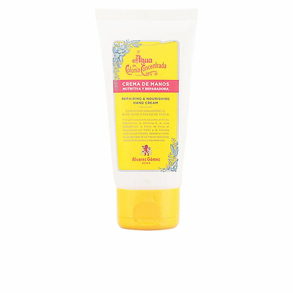 Creme-Tube mit gelbem Verschluss. Aufschrift: Agua de Colonia Concentrada, Crema de Manos. Gelbes Etikett mit rosa Schrift und Text.