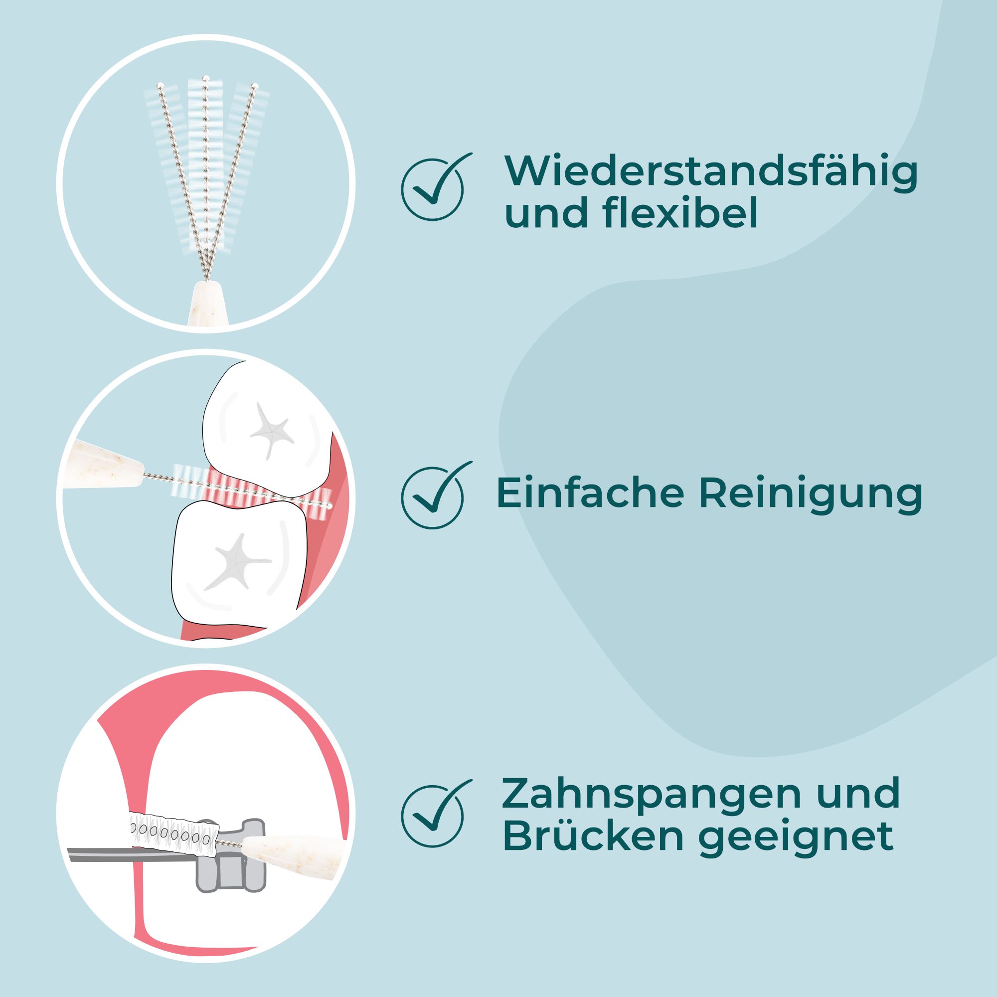 Illustrationen zu Interdentalbürsten. Flexibel, einfache Reinigung, geeignet für Zahnspangen und Brücken.