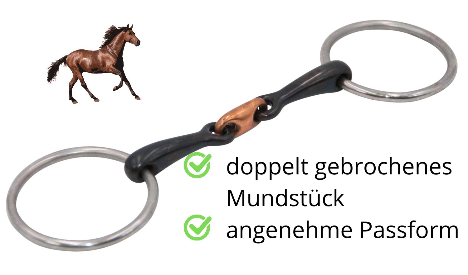 Gebiss mit doppelt gebrochenem Mundstück, angenehme Passform. Metallringe, schwarze und kupferfarbene Elemente. Pferd-Illustration.