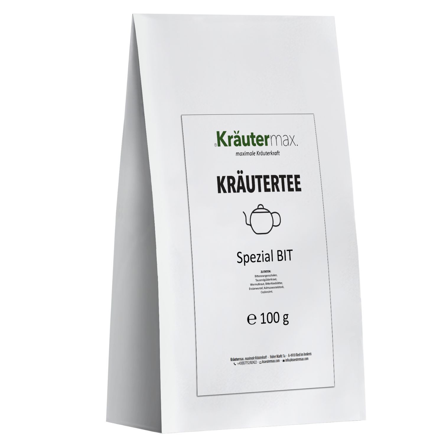 Weiße Verpackung Kräutertee mit Logo, Teekannen-Symbol und Aufschrift Spezial BIT. Gewicht: e 100 g.