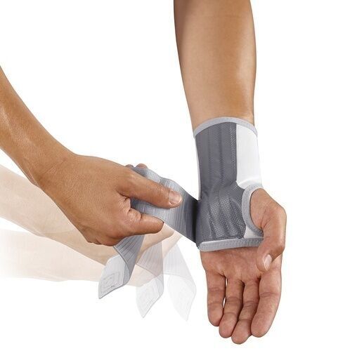 Handgelenkbandage, grau-weiß, wird angelegt. Klettverschluss. Handgelenk sichtbar.