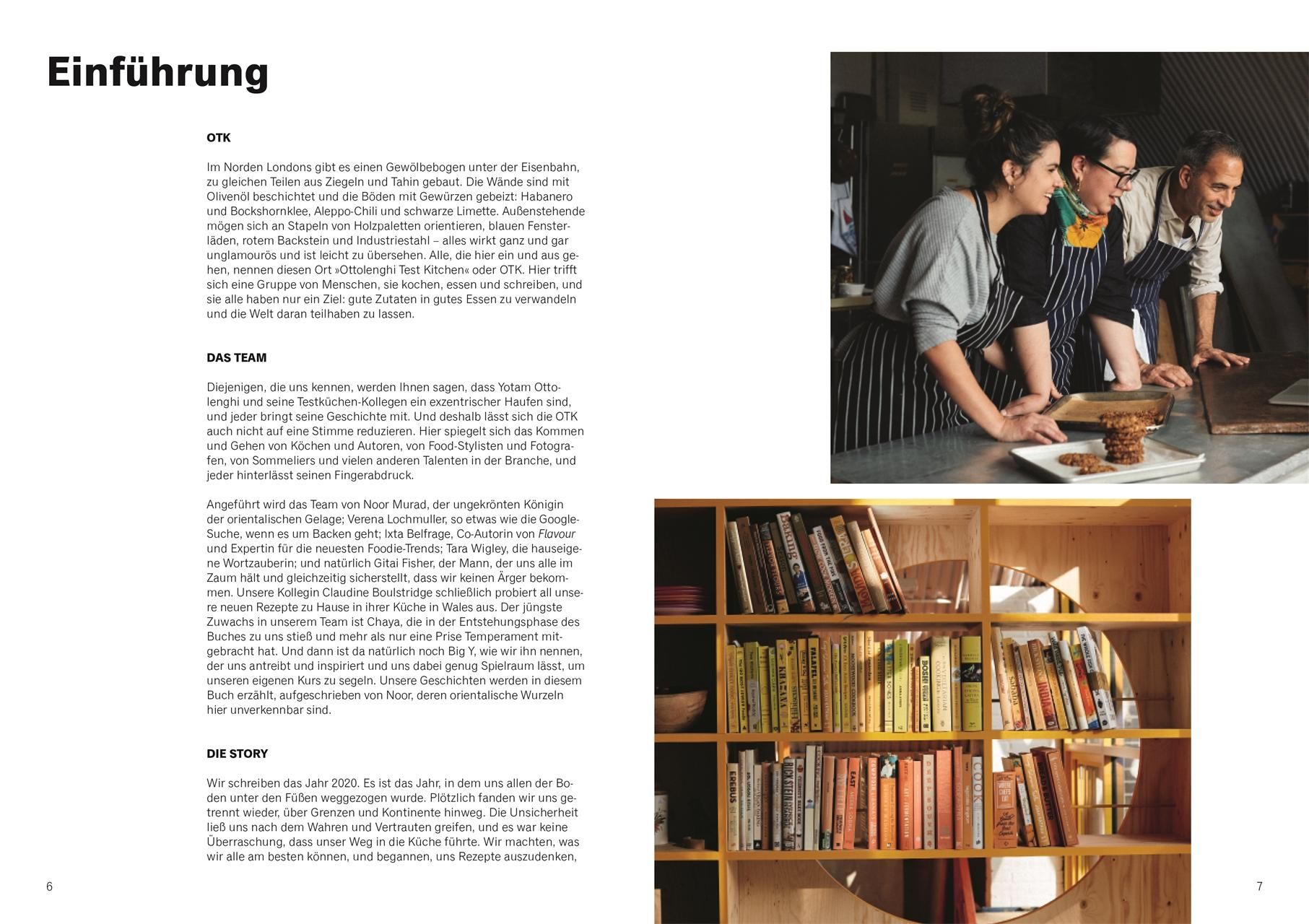 Buchseite mit Text und Fotos. Überschrift 'Einführung'. Fotos von Personen in einer Küche und Bücherregalen.