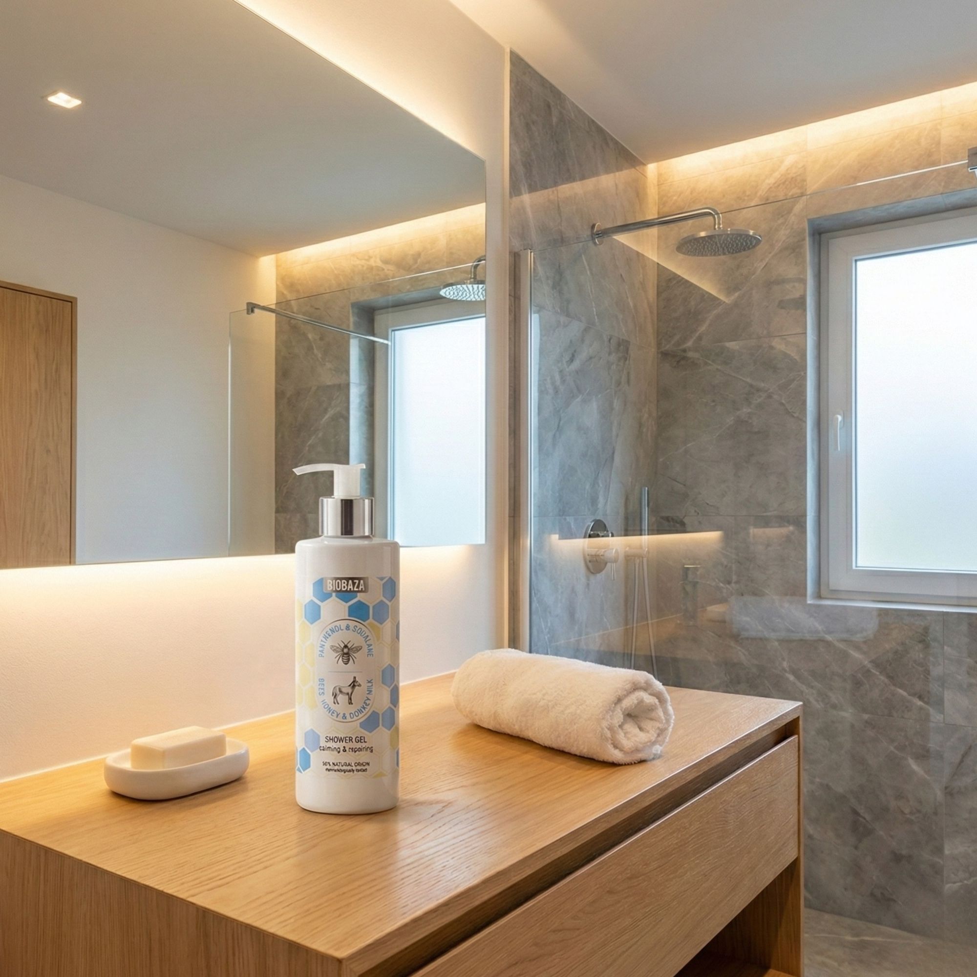 Weiße Flasche mit blau-gelbem Etikett steht auf einem Holzschrank. Daneben ein Handtuch und Seife.