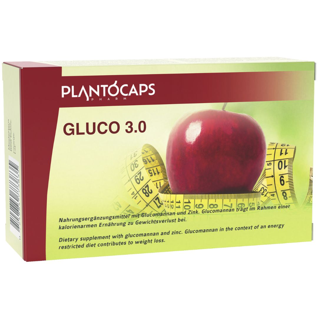Schachtel plantoCAPS GLUCO 3.0. Text: Nahrungsergänzungsmittel mit Glucomannan und Zink. Apfel und Maßband.