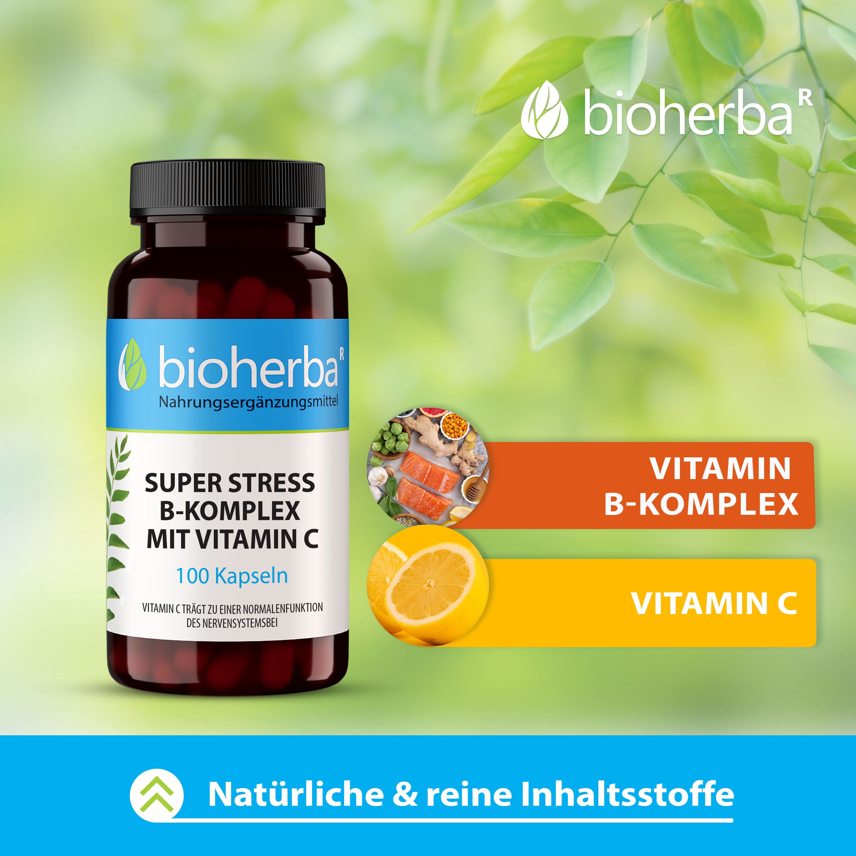 Bioherba Super Stress B-Komplex Mit Vitamin C, 100 Kapseln. Braune Flasche, grüne Blätter, Vitamin B-Komplex und Vitamin C.