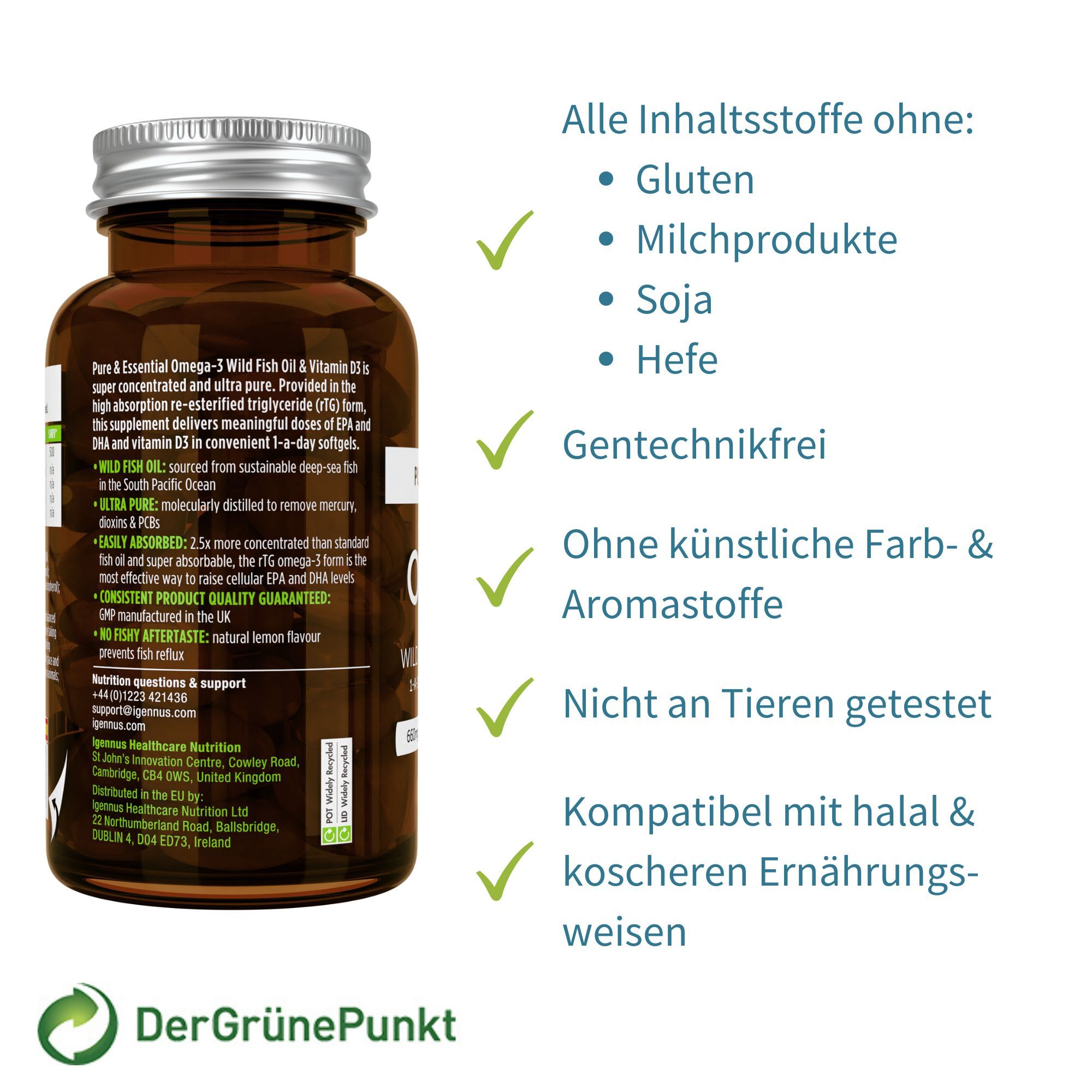 Braune Flasche mit Kapseln. Text: Alle Inhaltsstoffe ohne: Gluten, Milchprodukte, Soja, Hefe. Gentechnikfrei. Ohne künstliche Farb-& Aromastoffe.