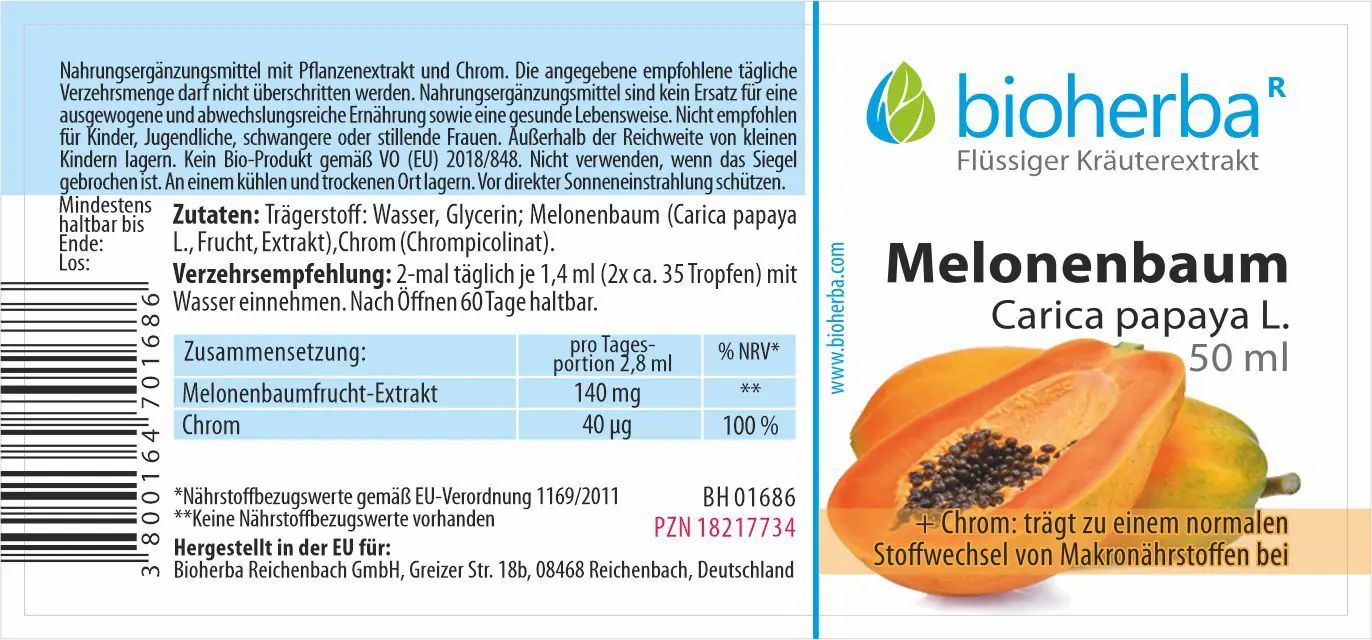 Etikett mit Produktname, Papaya-Illustration, "bioherba" Logo und Nährwertangaben. Text in Deutsch.