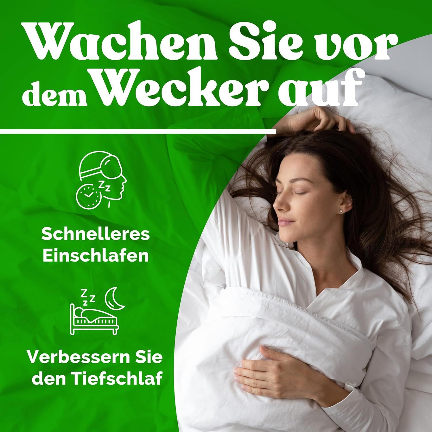 Frau schläft im Bett. Text: Schnelleres Einschlafen, verbessern Sie den Tiefschlaf.