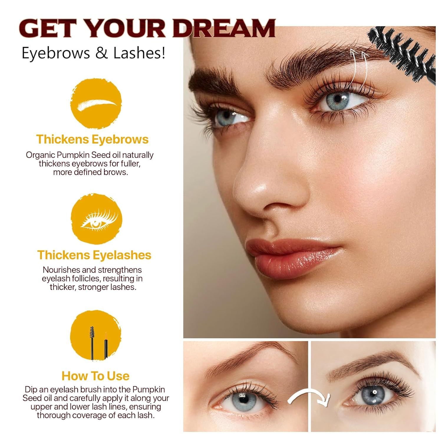 Frau mit Augen-Make-up. Text: Get Your Dream Eyebrows & Lashes! Illustrationen und Text über Augenbrauen- und Wimpernpflege.