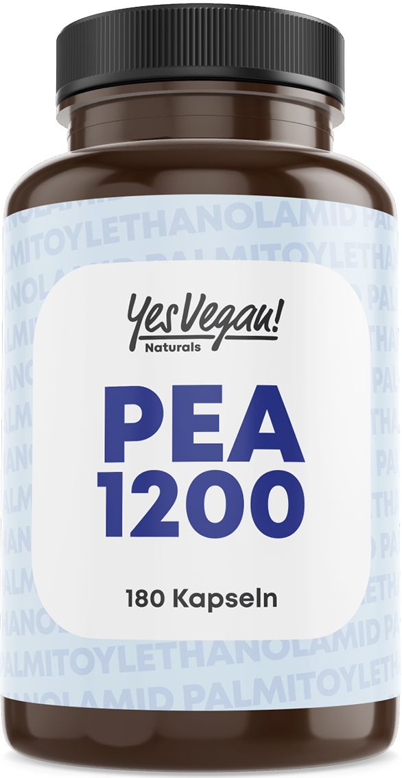 Braune PEA 1200 Kapseldose mit 180 Kapseln, YesVegan Naturals Logo.