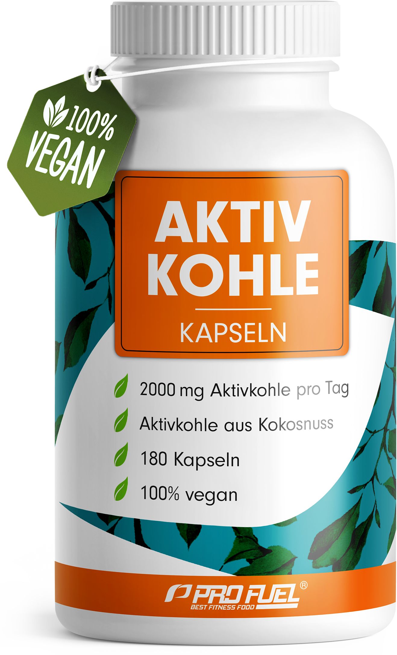 Weiße Flasche mit Aktivkohle Kapseln. Orangefarbenes Etikett mit Text. Grünes Vegan-Siegel. 180 Kapseln, 2000 mg Aktivkohle pro Tag.