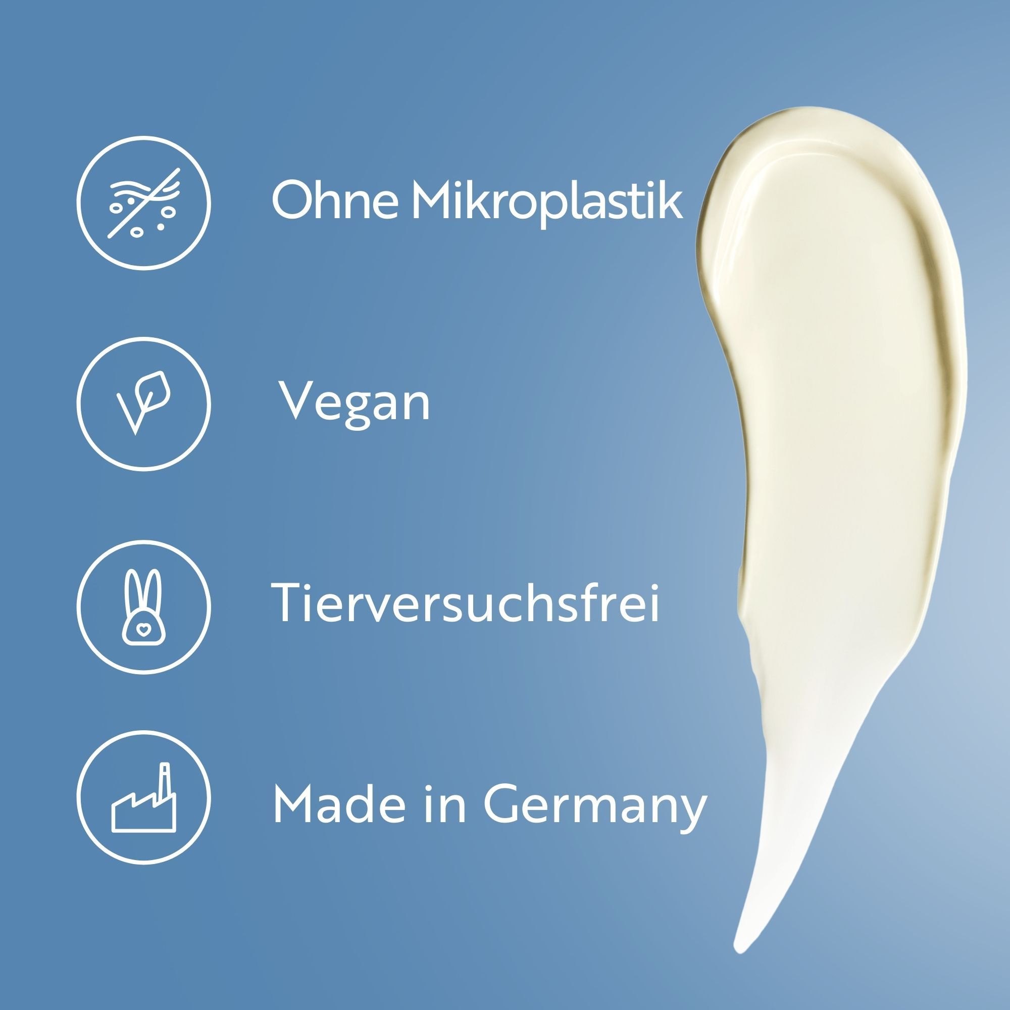 Creme-Strähne auf blauem Hintergrund. Text: Ohne Mikroplastik, Vegan, Tierversuchsfrei, Made in Germany. Symbole.