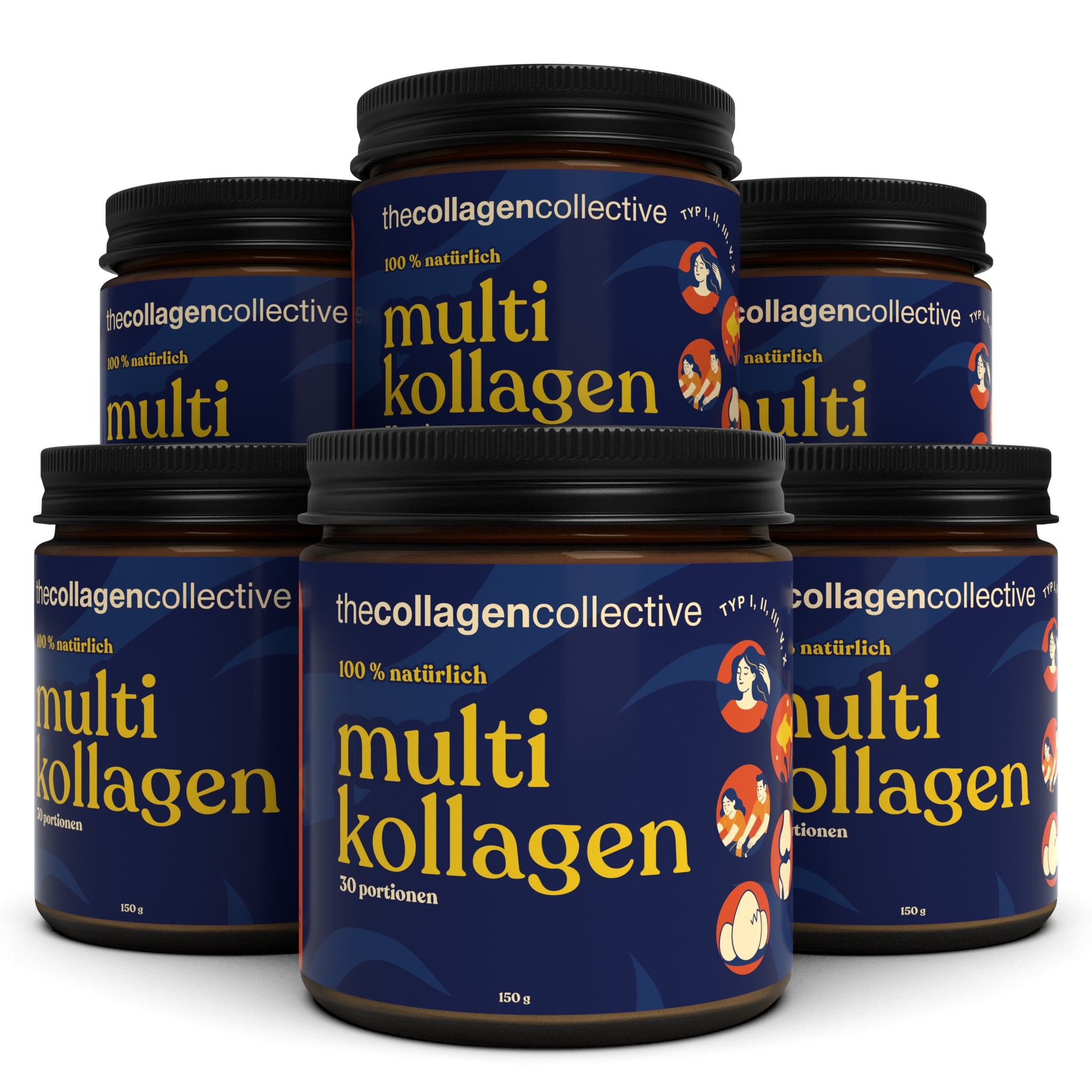 Mehrere braune Gläser mit schwarzem Deckel. Aufschrift: thecollagencollective, multi kollagen, 100% natürlich, 30 Portionen.