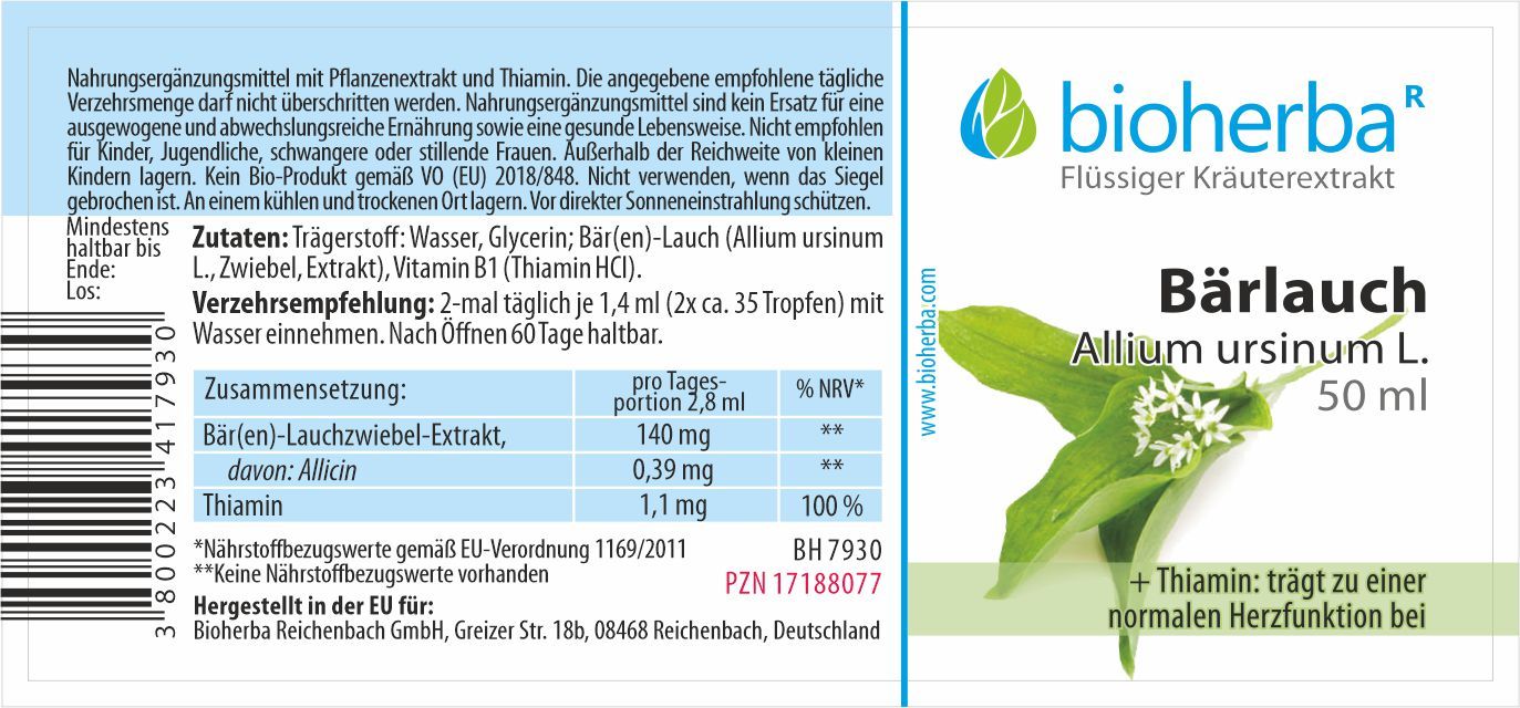 Etikett mit Produktinformationen. Bioherba Bärlauch Tinktur Extrakt, Zutaten, Verzehrempfehlung, Nährwertangaben, und Herstellerinformationen.
