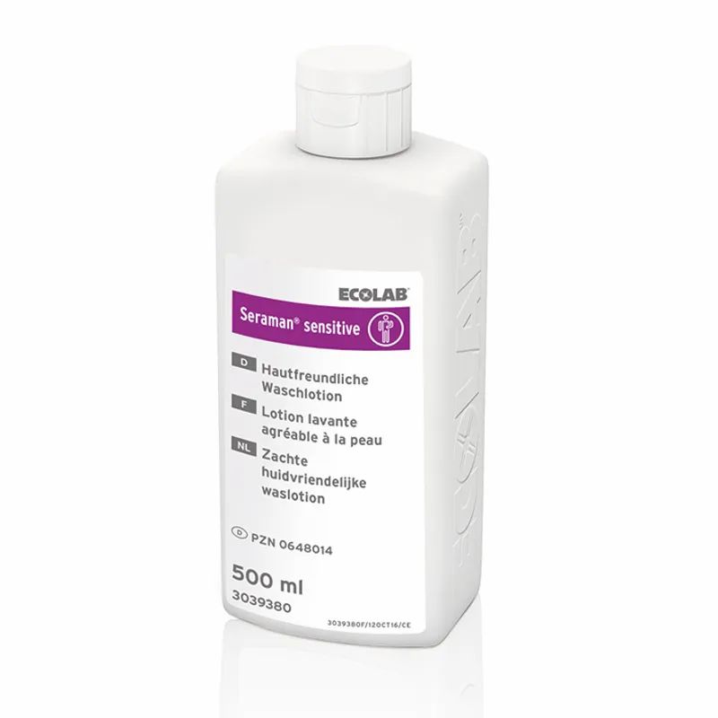 Weiße Flasche mit Ecolab Seraman sensitive Waschlotion. Enthält 500 ml. Mit deutscher, französischer und niederländischer Beschriftung.