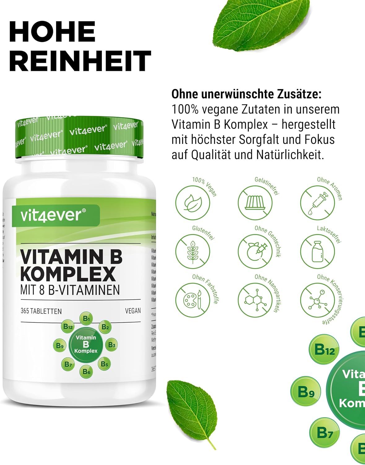 Vit4ever Vitamin B Komplex: 100% vegan, ohne Gelatine, Aromen, Laktose, Gluten.