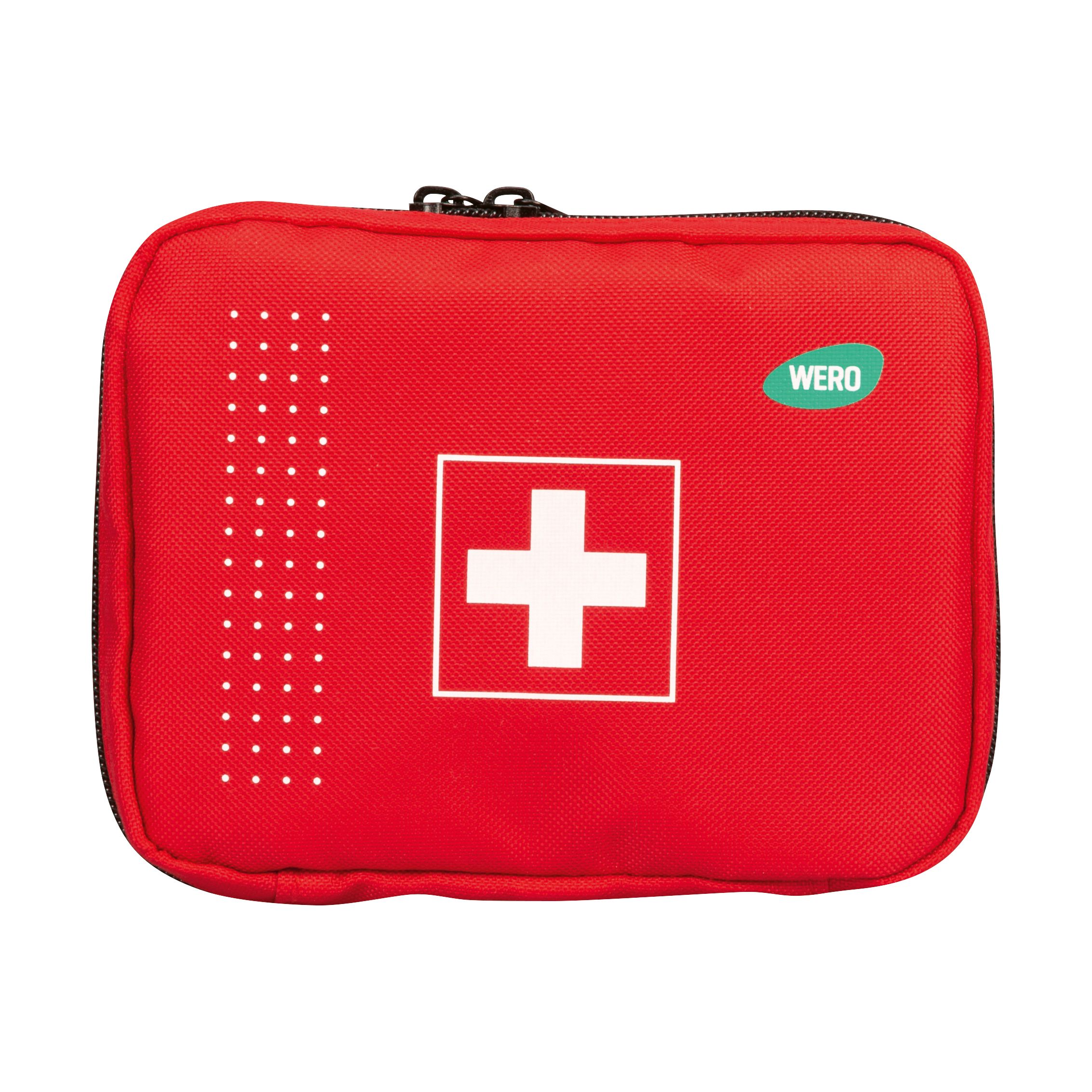 Rote Erste-Hilfe-Tasche mit weißem Kreuz. Reißverschluss und WERO-Logo. Rechteckige Form.