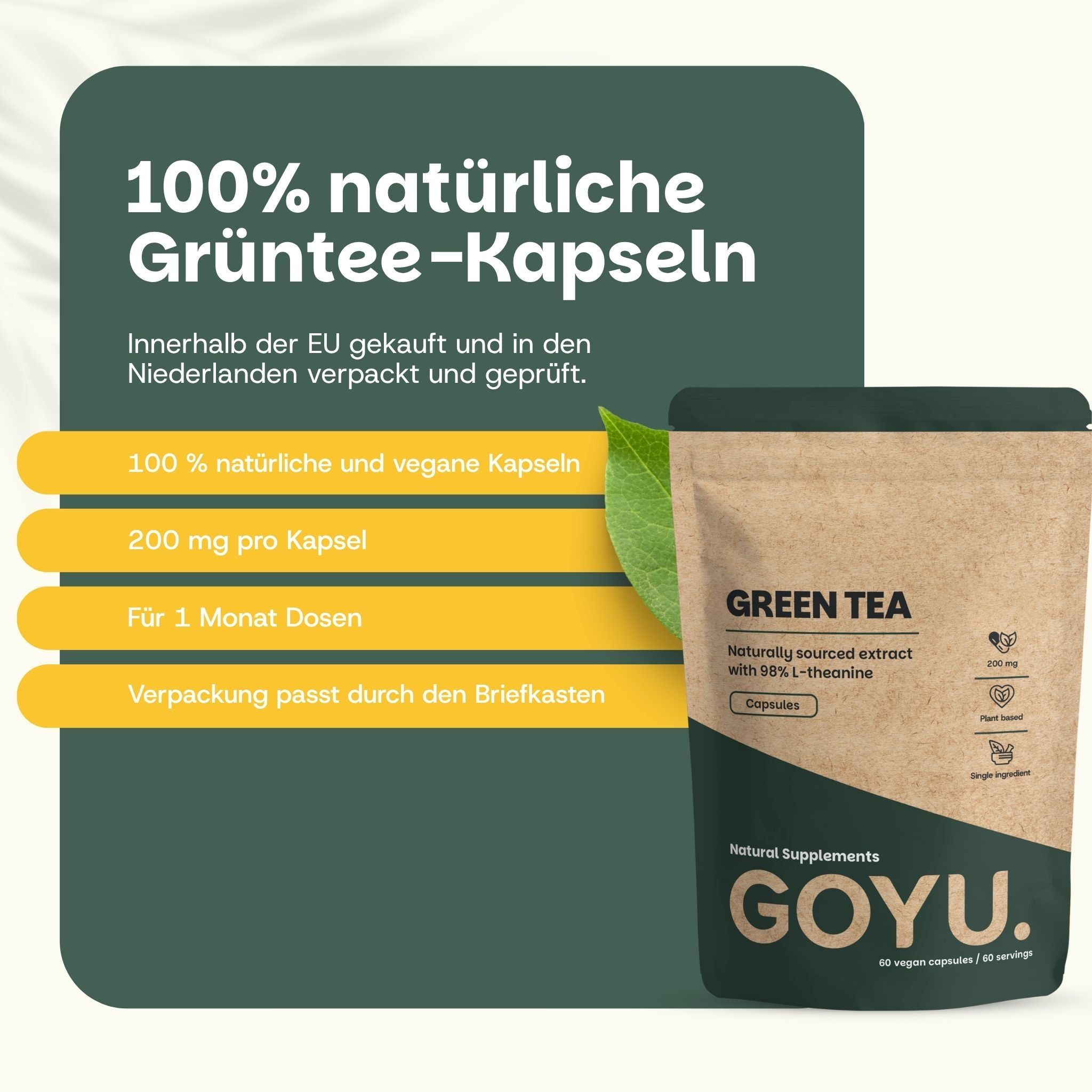 Braune Papiertüte mit GOYU Grüner Tee Kapseln. Enthält 60 vegane Kapseln.