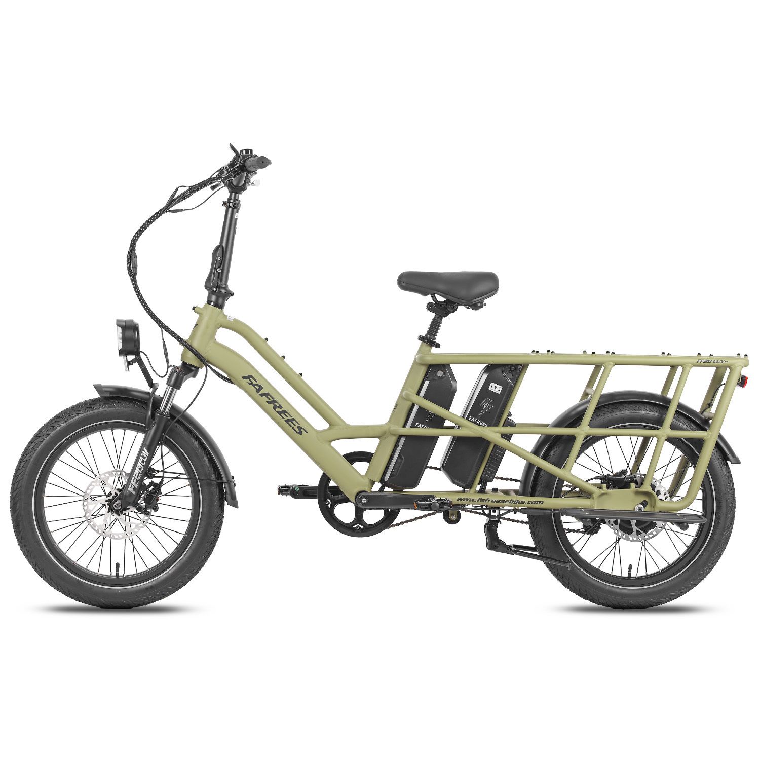 Grünes Fafrees FF20 CUV E-Bike. Gepäckträger, zwei Batterien, Rücklicht, schwarze Reifen und Sattel.