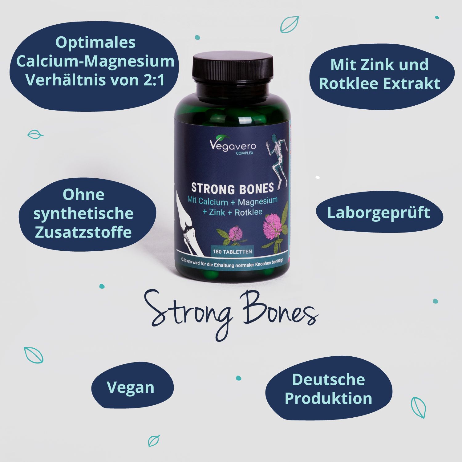 Grüne Flasche Strong Bones, Vegavaro. Enthält Calcium, Magnesium, Zink, Rotklee. Zusätzliche Informationen: Vegan, Deutsche Produktion.