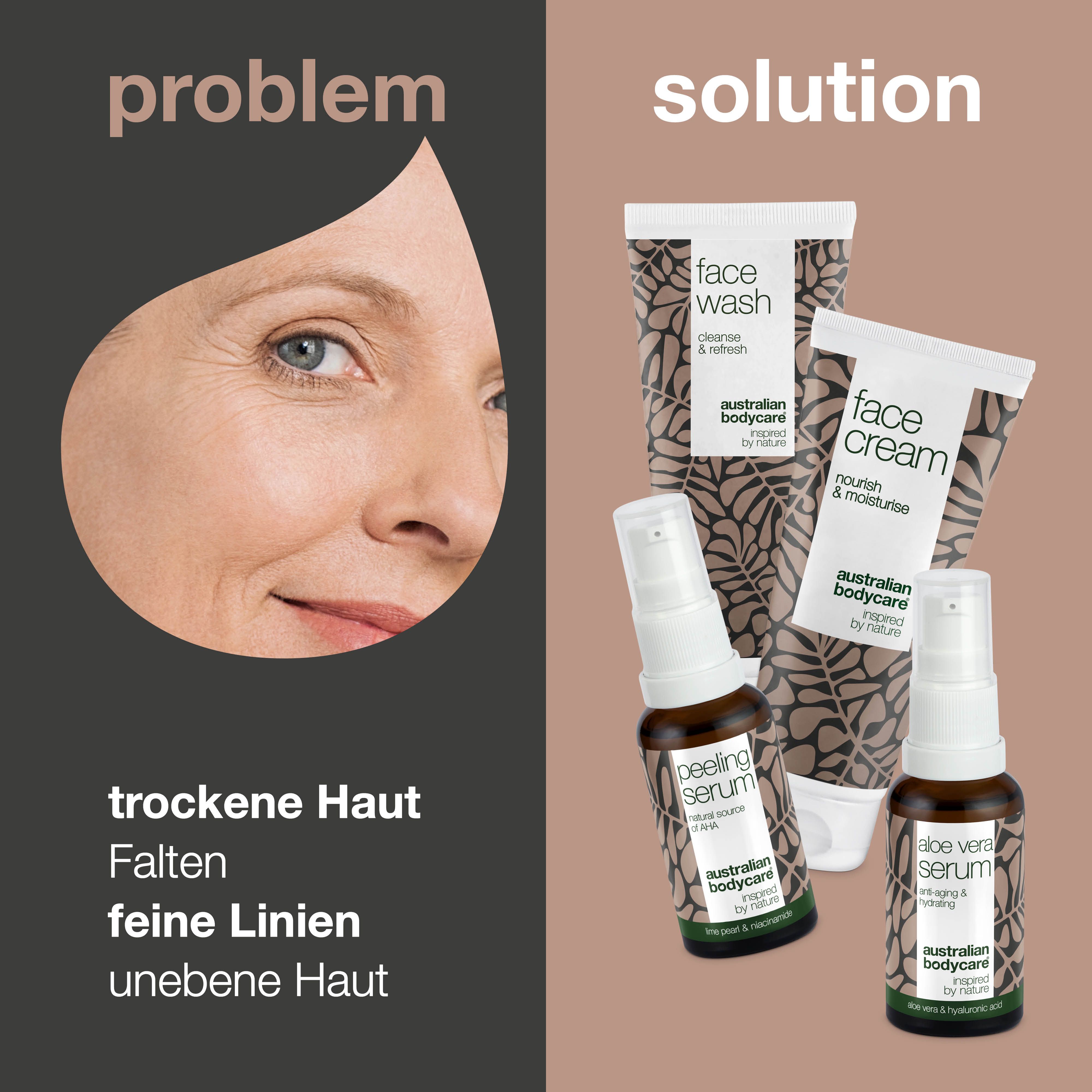 Gesicht einer Frau mit Falten. Daneben Produkte von Australian Bodycare: Face Wash, Face Cream, Peeling Serum, Aloe Vera Serum.
