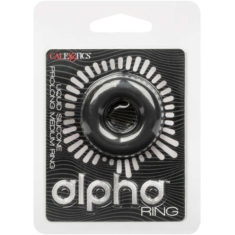 Schwarzer Ring aus Silikon, in Verpackung. Aufschrift: Alpha Ring, Prolong Medium.