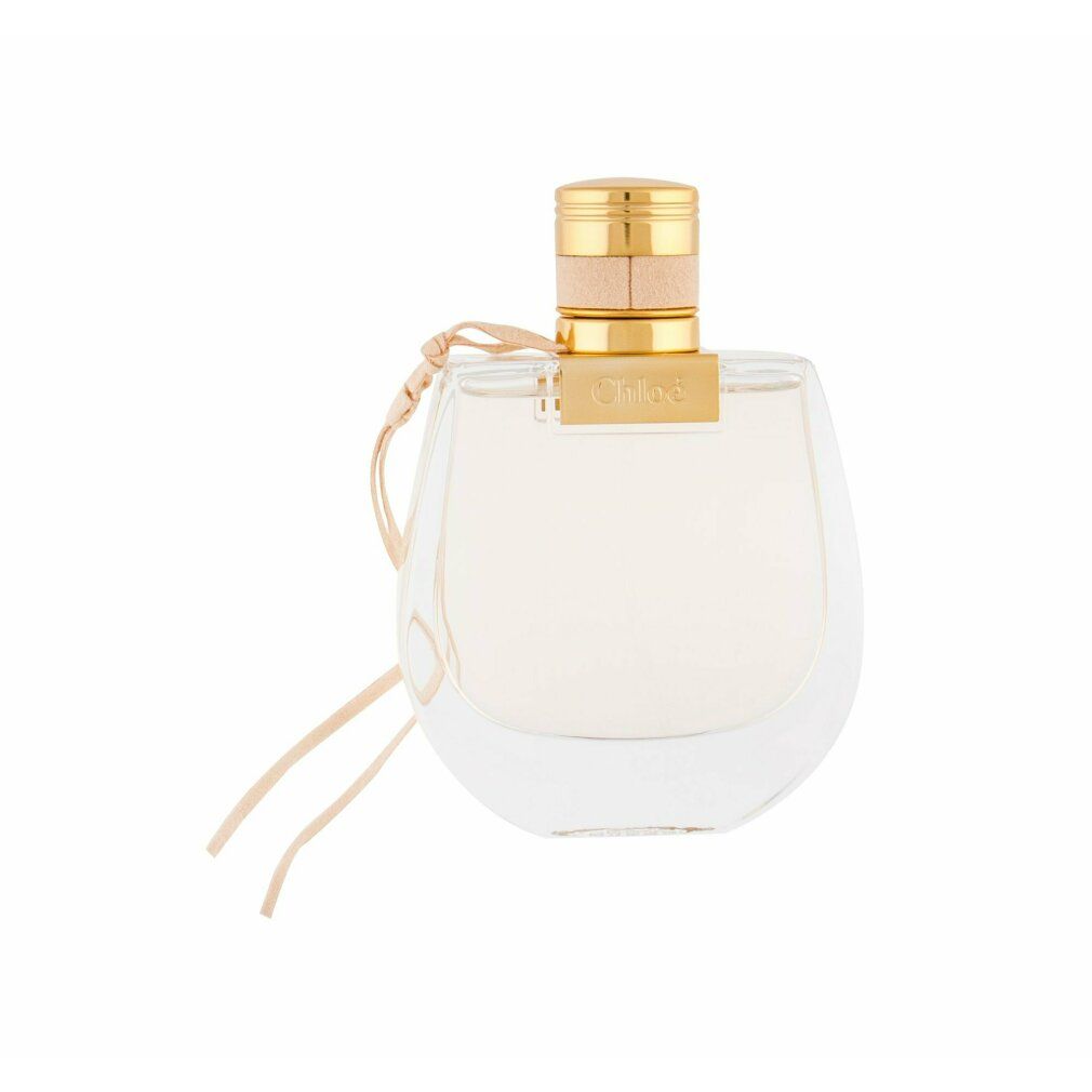 Parfümflakon mit goldfarbenem Verschluss und beigem Lederband. Aufschrift "NOMADE Eau de Toilette".