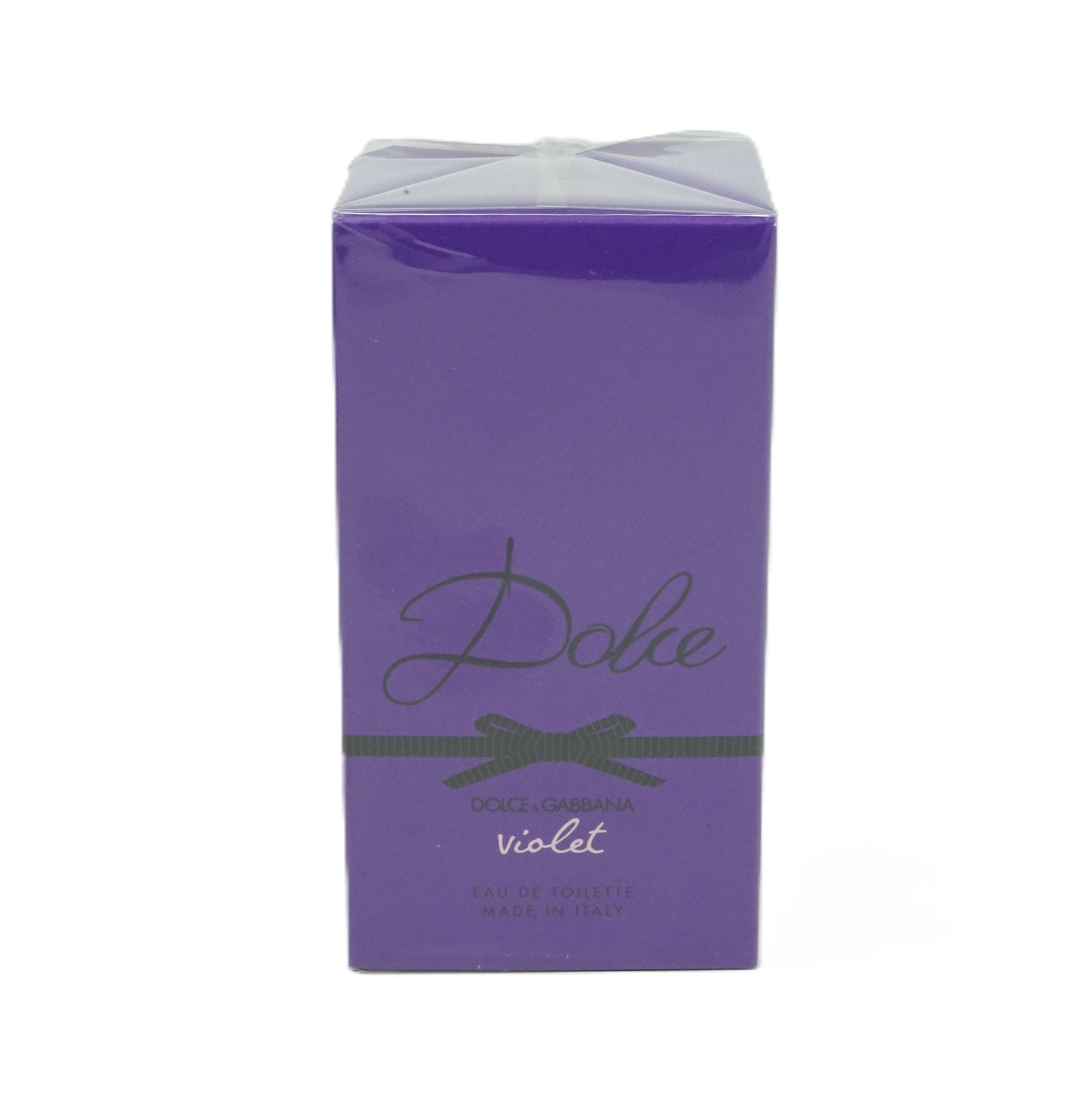 Violette Verpackung mit 'Dolce' Schriftzug und schwarzer Schleife. 'Violet' und 'Made in Italy'.