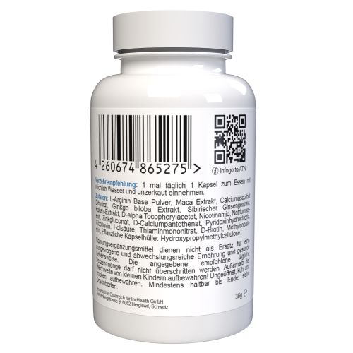 Rückseite einer weißen Kapsel-Dose. Barcode, QR-Code und Text. Aufschrift: 260674865275. Text in deutscher Sprache.