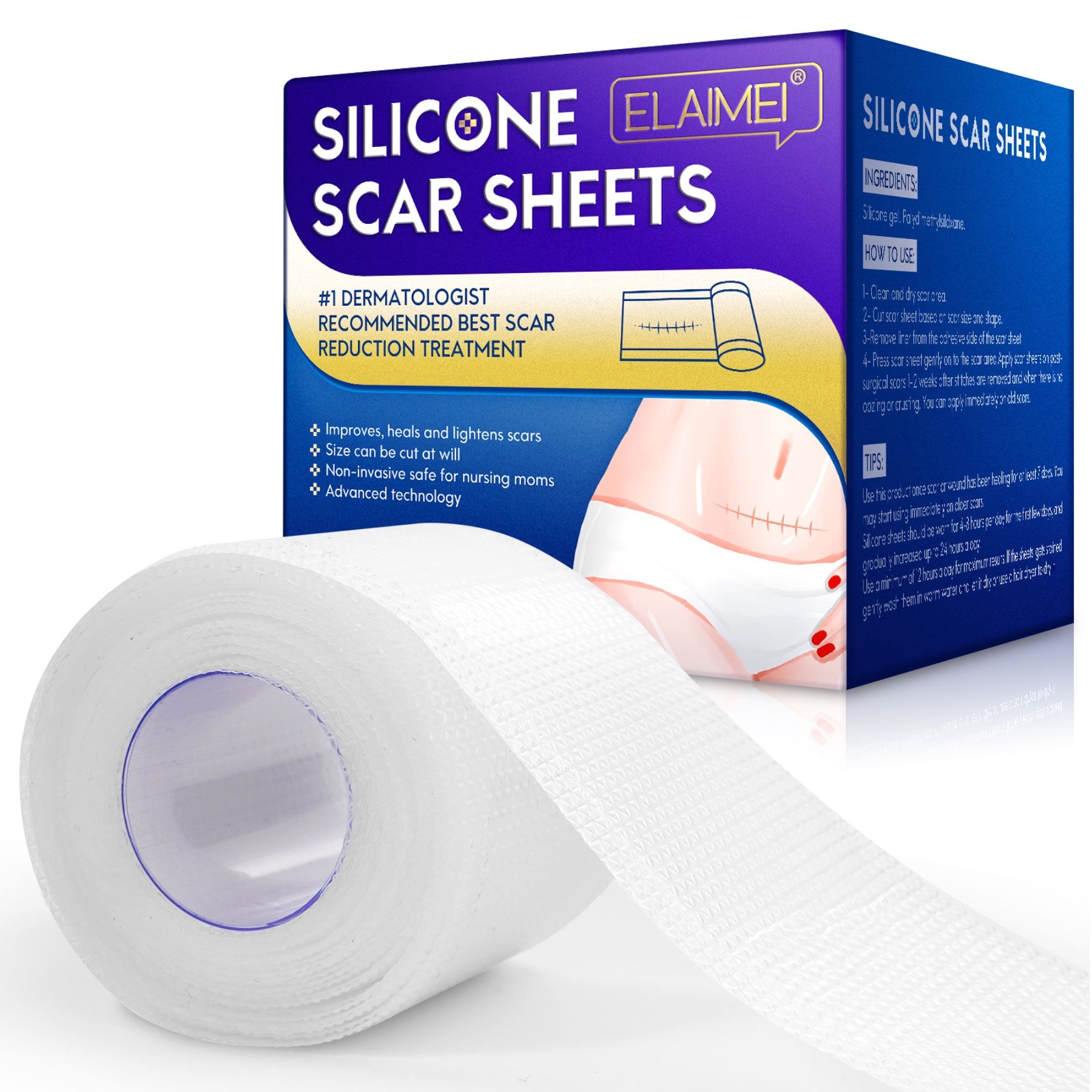 Rolle Silikonpflaster. Verpackung mit Produktname und Logo. Text: #1 Dermatologe empfiehlt Narbenbehandlung.