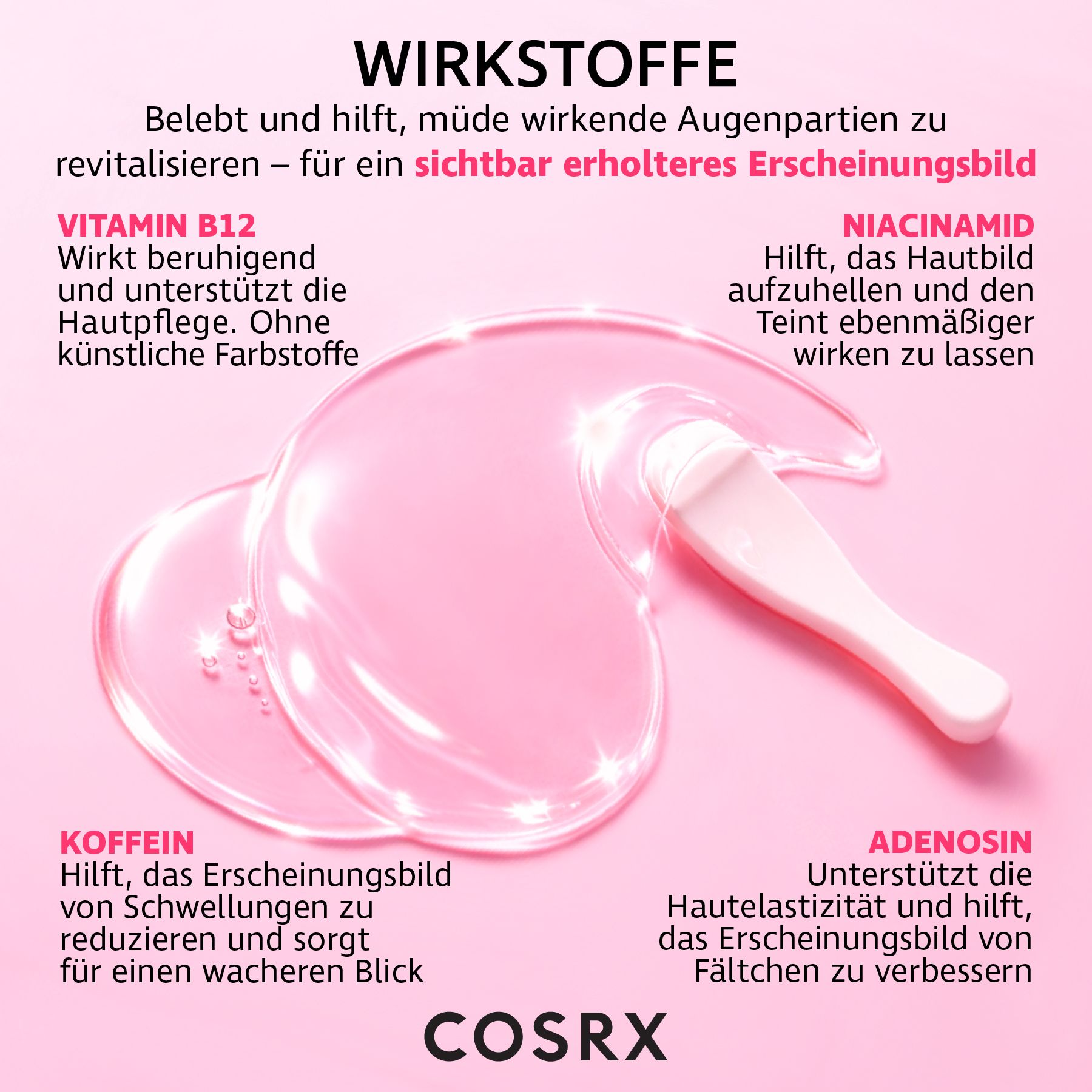 Rosa Augenpads und Spatel. Text: Vitamin B12, Niacinamid, Koffein, Adenosin. COSRX Logo.