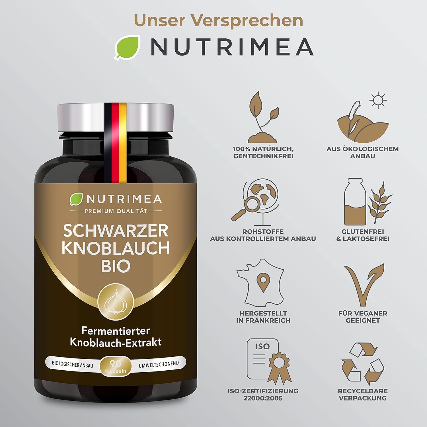 Flasche mit Produktetikett. 100% natürlich, gentechnikfrei, aus ökologischem Anbau, gluten- und laktosefrei, vegan.