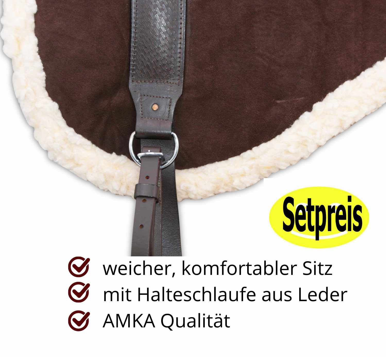 Detailansicht des Bareback Pads. Text: weicher, komfortabler Sitz, mit Halteschlaufe aus Leder, AMKA Qualität. Setpreis.